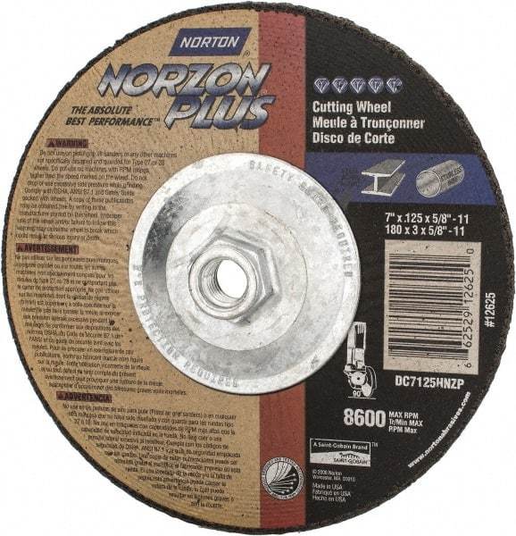 Norton - 7" Wheel Diam, 1/8" Wheel Thickness, Type 27 Depressed Center Wheel - Ceramic, 8,600 Max RPM, Compatible with Angle Grinder - Benchmark Tooling