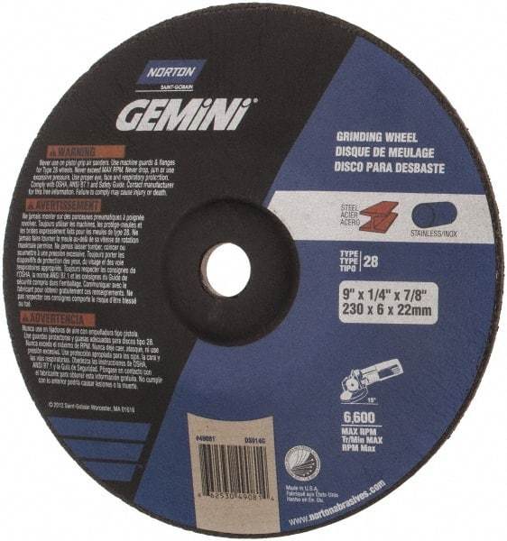 Norton - 24 Grit, 9" Wheel Diam, 1/4" Wheel Thickness, 7/8" Arbor Hole, Type 28 Depressed Center Wheel - Aluminum Oxide, 6,600 Max RPM, Compatible with Angle Grinder - Benchmark Tooling