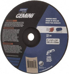 Norton - 24 Grit, 9" Wheel Diam, 1/4" Wheel Thickness, 7/8" Arbor Hole, Type 28 Depressed Center Wheel - Aluminum Oxide, 6,600 Max RPM, Compatible with Angle Grinder - Benchmark Tooling