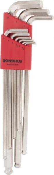 Bondhus - 9 Piece L-Key Ball End Hex Key Set - Hex Range 1.5 to 10mm, 11" OAL, Protanium High Torque Steel - Benchmark Tooling