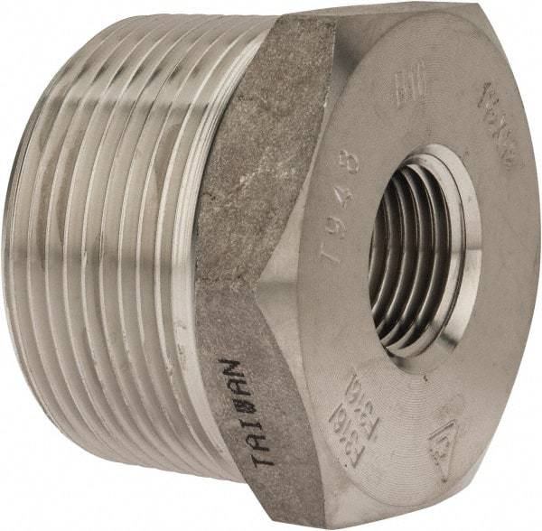 Merit Brass - 1-1/2 x 1/2" Grade 316/316L Stainless Steel Pipe Hex Bushing - MNPT x FNPT End Connections, 3,000 psi - Benchmark Tooling