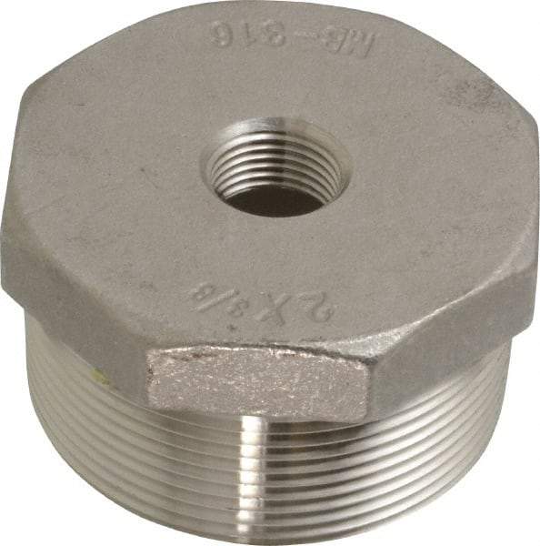 Merit Brass - 2 x 3/8" Grade 316 Stainless Steel Pipe Hex Bushing - MNPT x FNPT End Connections, 150 psi - Benchmark Tooling