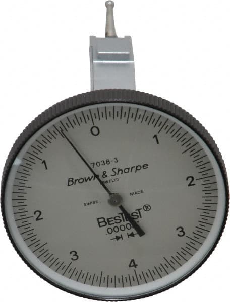 TESA Brown & Sharpe - 0.008 Inch Range, 0 Inch Dial Graduation, Vertical Dial Test Indicator - 1-1/2 Inch White Dial, 0-4-0 Dial Reading - Benchmark Tooling