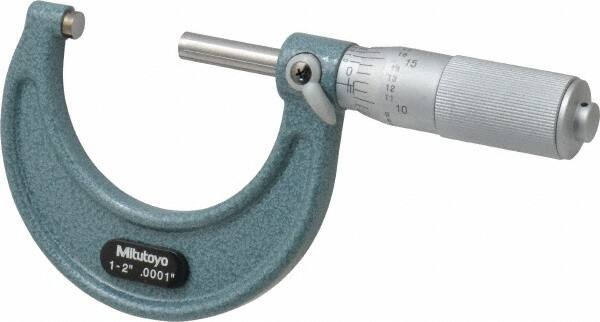 Mitutoyo - 1 to 2" Range, 0.0001" Graduation, Mechanical Outside Micrometer - Friction Thimble, Accurate to 0.0001" - Benchmark Tooling