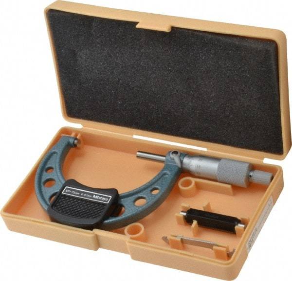 Mitutoyo - 50 to 75mm Range, 0.01mm Graduation, Mechanical Outside Micrometer - Ratchet Stop Thimble, Accurate to 0.0001" - Benchmark Tooling