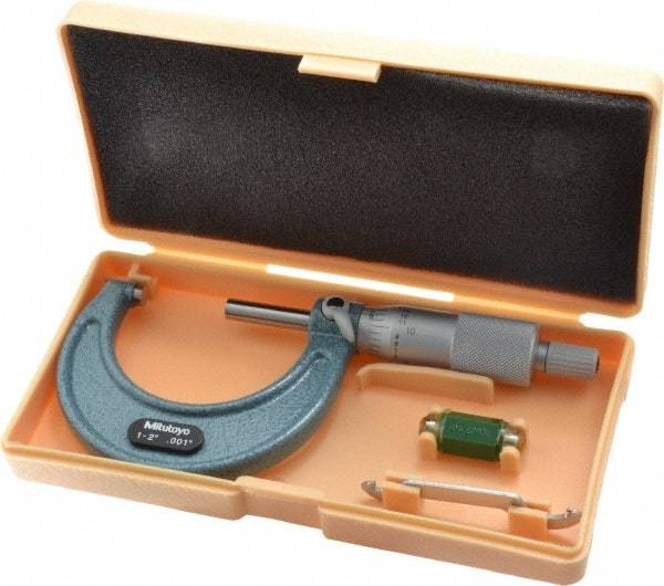 Mitutoyo - 1 to 2" Range, 0.001" Graduation, Mechanical Outside Micrometer - Ratchet Stop Thimble, Accurate to 0.0001" - Benchmark Tooling