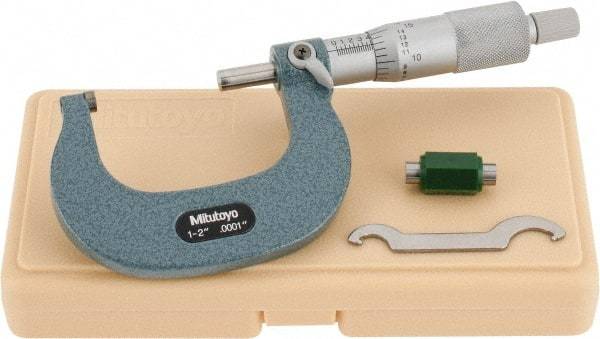 Mitutoyo - 1 to 2" Range, 0.0001" Graduation, Mechanical Outside Micrometer - Ratchet Stop Thimble, Accurate to 0.0001" - Benchmark Tooling