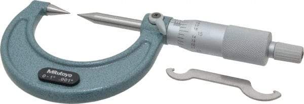 Mitutoyo - 1 Inch, 38mm Throat Depth, Ratchet Stop, Mechanical Point Micrometer - Accurate Up to 0.00015 Inch, 0.001 Inch Graduation, 0.5039 Inch Point Length, 30° Point Angle, 18mm Head Diameter, 6.35mm Spindle Diameter - Benchmark Tooling