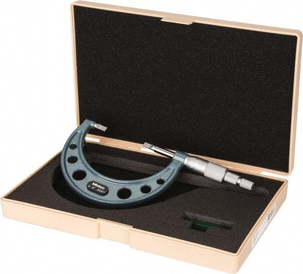 Mitutoyo - 2" to 3" Mechanical Hammertone Green Coated Blade Micrometer - 0.0002" Accuracy, 0.0001" Graduation, 0.75mm Blade Thickness, Ratchet Stop Thimble - Benchmark Tooling