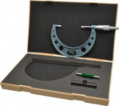 Mitutoyo - 3" to 4" Mechanical Hammertone Green Coated Blade Micrometer - 0.0002" Accuracy, 0.0001" Graduation, 0.75mm Blade Thickness, Ratchet Stop Thimble - Benchmark Tooling