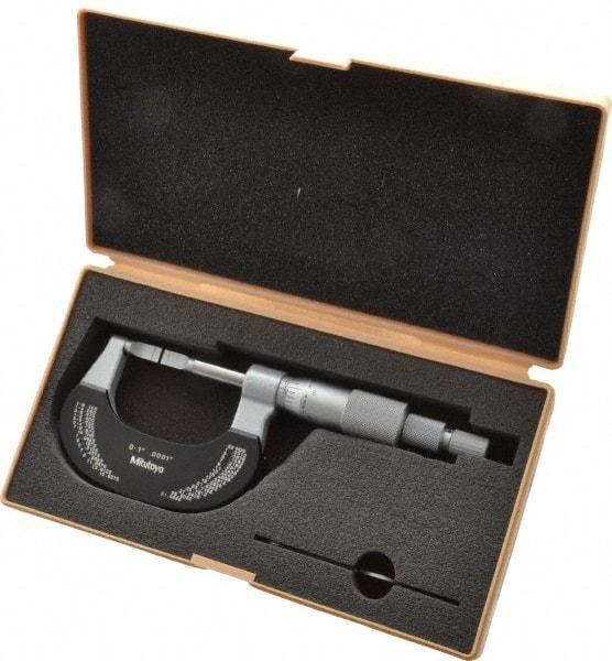 Mitutoyo - 0" to 1" Mechanical Baked Enamel Coated Blade Micrometer - 0.0002" Accuracy, 0.0001" Graduation, 0.4mm Blade Thickness, Ratchet Stop Thimble - Benchmark Tooling