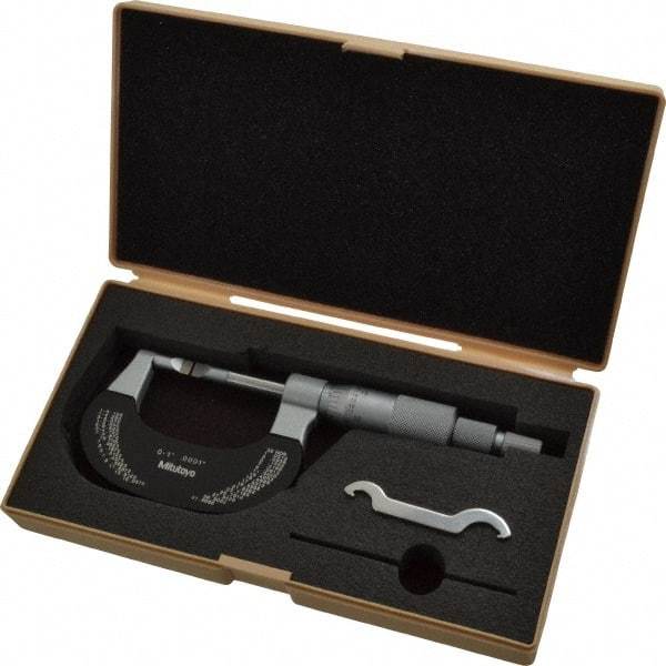 Mitutoyo - 0" to 1" Mechanical Baked Enamel Coated Blade Micrometer - 0.0002" Accuracy, 0.0001" Graduation, 0.4mm Blade Thickness, Ratchet Stop Thimble - Benchmark Tooling