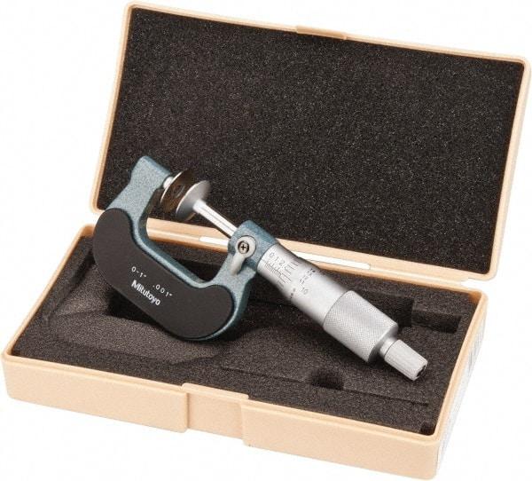 Mitutoyo - 0 to 1 Inch, 0.001 Inch Graduation, Ratchet Stop Thimble, Mechanical Disc Micrometer - 0.0002 Inch Accuracy, 20mm Disc, 6.35mm Spindle - Benchmark Tooling