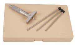 Mitutoyo - 0 to 150mm Range, 6 Rod, Satin Chrome Finish Mechanical Depth Micrometer - Ratchet Stop Thimble, 101.6mm Base Length, 0.01mm Graduation, 4mm Rod Diam - Benchmark Tooling