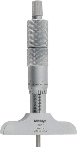 Mitutoyo - 0 to 4" Range, 4 Rod, Satin Chrome Finish Mechanical Depth Micrometer - Ratchet Stop Thimble, 2-1/2" Base Length, 0.01mm Graduation, 4mm Rod Diam - Benchmark Tooling