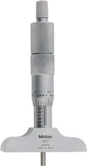 Mitutoyo - 0 to 4" Range, 4 Rod, Satin Chrome Finish Mechanical Depth Micrometer - Ratchet Stop Thimble, 2-1/2" Base Length, 0.01mm Graduation, 4mm Rod Diam - Benchmark Tooling