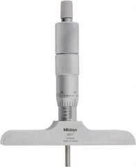 Mitutoyo - 0 to 4" Range, 4 Rod, Satin Chrome Finish Mechanical Depth Micrometer - Ratchet Stop Thimble, 4" Base Length, 0.01mm Graduation, 4mm Rod Diam - Benchmark Tooling