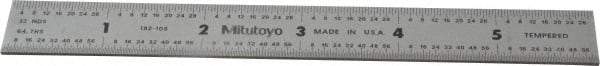 Mitutoyo - 6" Long, 1/64, 1/32" and 0.5, 1mm Graduation, Rigid Stainless Steel Rule - English/Metric Graduation Style, 3/4" Wide, Silver, Satin Chrome Finish - Benchmark Tooling