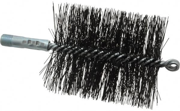 Schaefer Brush - 4-1/2" Brush Length, 3-3/4" Diam, Double Stem, Double Spiral Tube Brush - 7-1/2" Long, Tempered Steel Wire, 1/4" NPT Male Connection - Benchmark Tooling