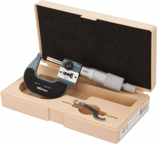 Mitutoyo - 1 Inch Max Measurement, 0.0001 Inch Graduation, Spherical Face Micrometer - Accuracy Up to 0.0002 Inch, Baked Enamel Coated, Steel Measuring Face Material, Mechanical Operation, Ratchet Stop Thimble, Ball - Benchmark Tooling