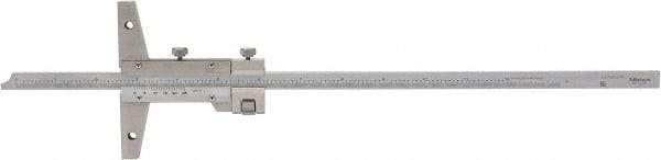 Mitutoyo - 0 to 12 Inch Measurement Range, 410mm Rule Length, 4 Inch Base Length, Vernier Depth Gage - 0.001 Inch Graduation, Accurate to 0.0015 Inch, Stainless Steel, Satin Chrome Coated - Benchmark Tooling