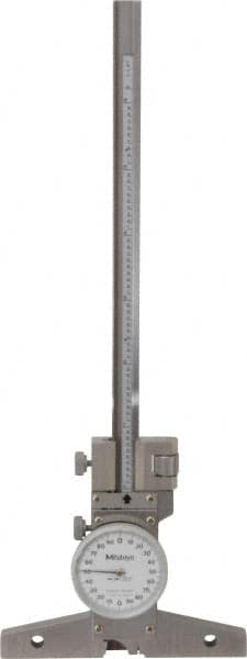 Mitutoyo - 0 to 6 Inch Range, Stainless Steel, White Dial Depth Gage - 0.001 Inch Graduation, 0.001 Inch Accuracy, 4 Inch Base Measuring Length - Benchmark Tooling