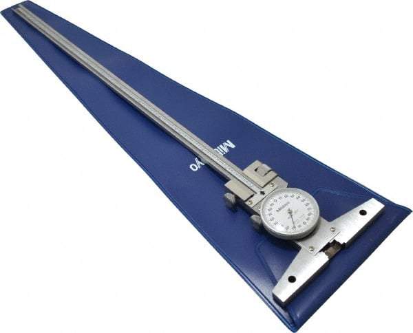 Mitutoyo - 0 to 12 Inch Range, Stainless Steel, White Dial Depth Gage - 0.0015 Inch Graduation, 0.0015 Inch Accuracy, 4 Inch Base Measuring Length - Benchmark Tooling