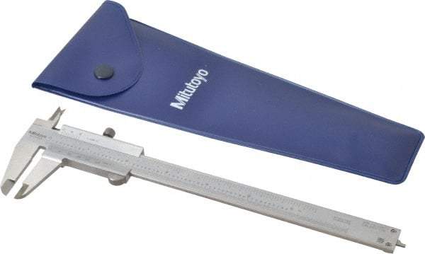 Mitutoyo - 0 to 6" Stainless Steel Vernier Caliper - 1/128" Graduation, 40mm Jaw Depth, 0.0015" Accuracy, Includes Depth Measurement Rod & Inside Diam Jaws - Benchmark Tooling