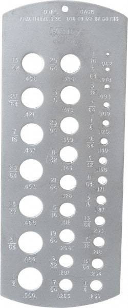 Mitutoyo - 1/16 Inch to 1/2 Inch Hole Size Drill Gage - 6-3/8 Inch Long, 2-1/2 Inch Wide, 29 Holes - Benchmark Tooling