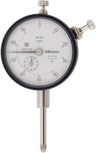 Mitutoyo - 1" Range, 0-100 Dial Reading, 0.001" Graduation Dial Drop Indicator - 2-3/16" Dial, 0.1" Range per Revolution, 0.002" Accuracy, Revolution Counter - Benchmark Tooling