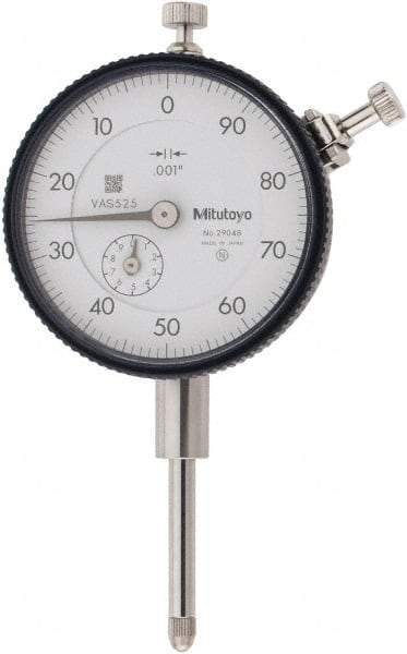 Mitutoyo - 1" Range, 100-0 Dial Reading, 0.001" Graduation Dial Drop Indicator - 2-1/4" Dial, 0.1" Range per Revolution, 0.002" Accuracy, Revolution Counter - Benchmark Tooling