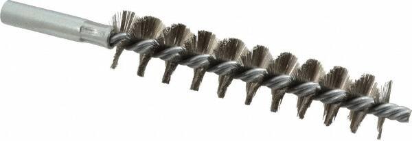 Schaefer Brush - 4" Brush Length, 7/8" Diam, Double Stem, Single Spiral Tube Brush - 6-1/4" Long, Stainless Steel, 12-24 Female Connection - Benchmark Tooling