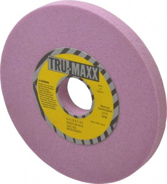 Tru-Maxx - 6" Diam x 1-1/4" Hole x 1/2" Thick, K Hardness, 60 Grit Surface Grinding Wheel - Aluminum Oxide, Type 1, Medium Grade, 5,410 Max RPM, Vitrified Bond, No Recess - Benchmark Tooling
