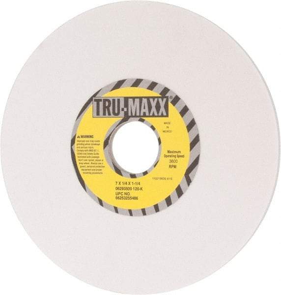 Tru-Maxx - 7" Diam x 1-1/4" Hole x 1/4" Thick, K Hardness, 120 Grit Surface Grinding Wheel - Aluminum Oxide, Type 1, Fine Grade, 3,600 Max RPM, Vitrified Bond, No Recess - Benchmark Tooling