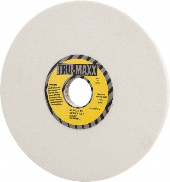 Tru-Maxx - 8" Diam x 1-1/4" Hole x 1/2" Thick, K Hardness, 100 Grit Surface Grinding Wheel - Aluminum Oxide, Type 1, Fine Grade, 3,600 Max RPM, Vitrified Bond, No Recess - Benchmark Tooling
