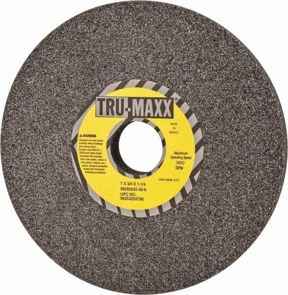 Tru-Maxx - 7" Diam x 1-1/4" Hole x 3/4" Thick, K Hardness, 46 Grit Surface Grinding Wheel - Aluminum Oxide, Type 1, Coarse Grade, 3,600 Max RPM, Vitrified Bond, No Recess - Benchmark Tooling