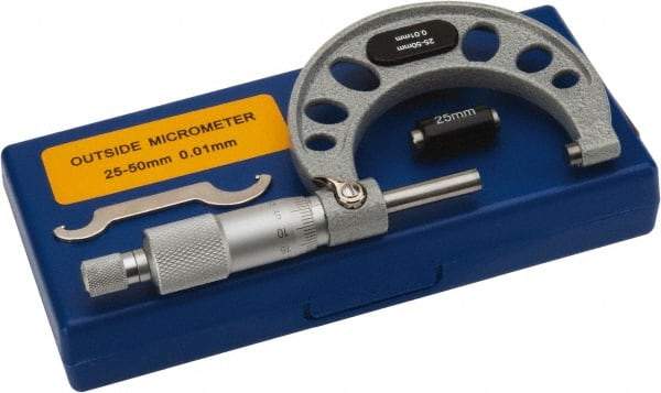 Value Collection - 25 to 50mm Range, 0.01mm Graduation, Mechanical Outside Micrometer - Ratchet Stop Thimble, Accurate to 0.004mm - Benchmark Tooling