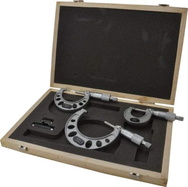 Value Collection - 0 to 75mm Range, 3 Piece Mechanical Outside Micrometer Set - 0.01mm Graduation, 0.005mm Accuracy, Ratchet Stop Thimble, Steel Face - Benchmark Tooling