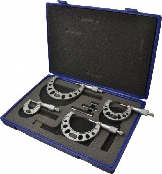 Value Collection - 0 to 100mm Range, 4 Piece Mechanical Outside Micrometer Set - 0.01mm Graduation, 0.005mm Accuracy, Ratchet Stop Thimble, Steel Face - Benchmark Tooling