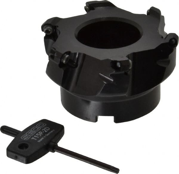 Seco - 3.15" Cut Diam, 1" Arbor Hole, 0.138" Max Depth of Cut, 43° Indexable Chamfer & Angle Face Mill - 6 Inserts, OF.. 05T305 Insert, Right Hand Cut, 6 Flutes, Series R220.43 - Benchmark Tooling