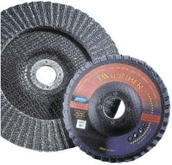 Norton - 80 Grit, 7" Disc Diam, 5/8-11 Center Hole, Type 29 Ceramic Flap Disc - 8,600 Max RPM, Fiberglass Backing, Arbor Attaching System, Coated - Benchmark Tooling