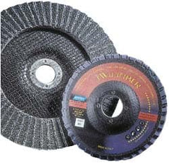 Norton - 80 Grit, 7" Disc Diam, 5/8-11 Center Hole, Type 29 Ceramic Flap Disc - 8,600 Max RPM, Fiberglass Backing, Arbor Attaching System, Coated - Benchmark Tooling