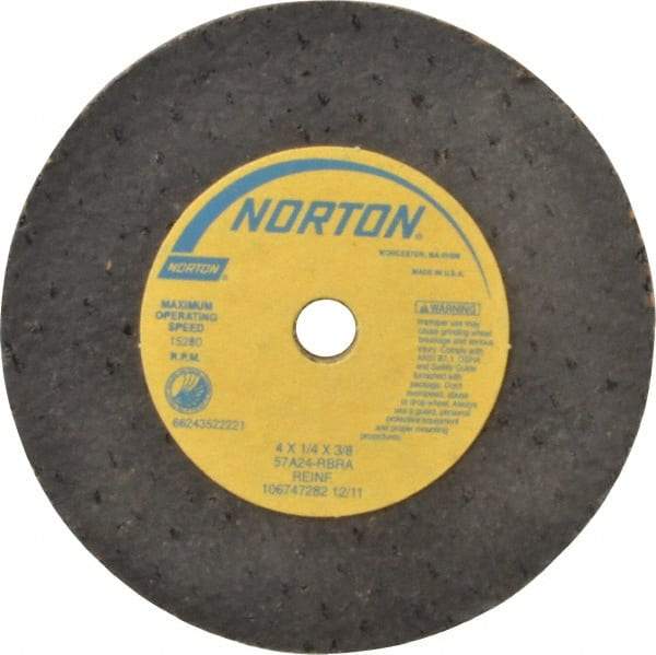 Norton - 4" Diam x 3/8" Hole x 1/4" Thick, R Hardness, 24 Grit Surface Grinding Wheel - Aluminum Oxide, Type 1, Very Coarse Grade, 15,280 Max RPM, No Recess - Benchmark Tooling