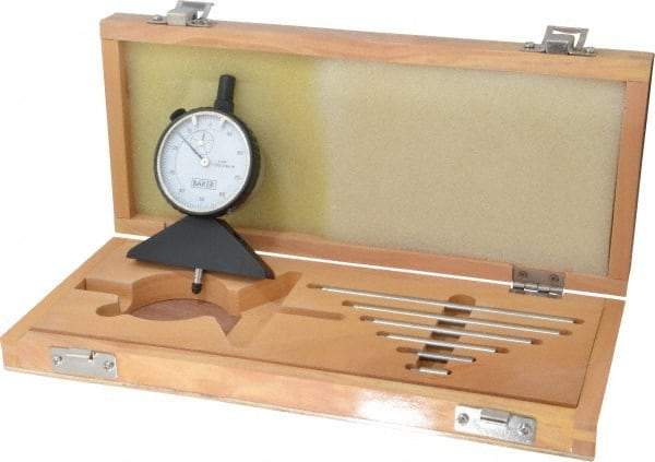 Value Collection - 0 to 10 Inch Range, Steel, White Dial Depth Gage - 0.001 Inch Graduation, 0.001 Inch Accuracy, 1/2 Inch Travel, 3-1/8 Inch Base Measuring Length - Benchmark Tooling