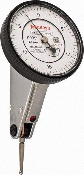 Mitutoyo - 0.06 Inch Range, 0.0005 Inch Dial Graduation, Horizontal Dial Test Indicator - 1.5748 Inch White Dial, 0-15-0 Dial Reading, Accurate to 0.0005 Inch - Benchmark Tooling