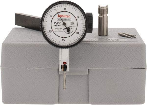 Mitutoyo - 9 Piece, 0" to 0.06" Measuring Range, 40mm Dial Diam, 0-15-0 Dial Reading, White Dial Test Indicator Kit - 0.0005" Accuracy, 0.78" Contact Point Length, 0.039, 0.079 & 0.118" Ball Diam, 0.0005" Dial Graduation - Benchmark Tooling