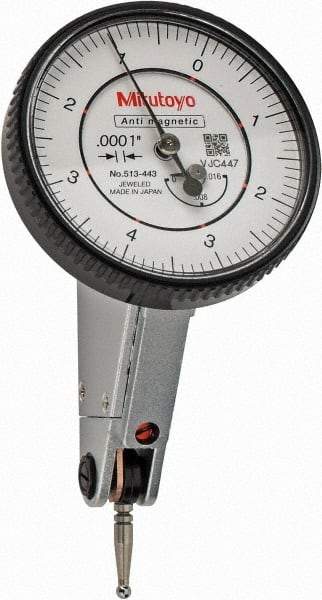 Mitutoyo - 0.016 Inch Range, 0.0001 Inch Dial Graduation, Horizontal Dial Test Indicator - 1.5748 Inch White Dial, 0-4-0 Dial Reading, Accurate to 0.0002 Inch - Benchmark Tooling