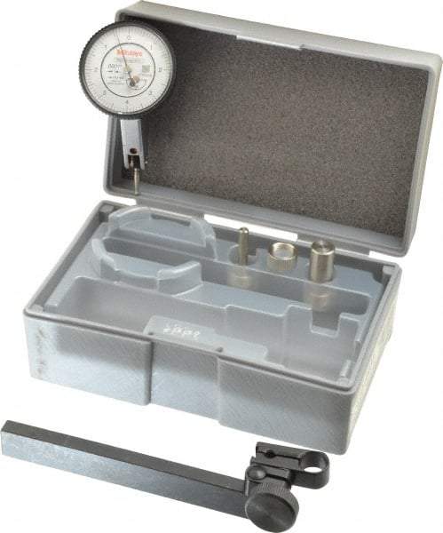 Mitutoyo - 9 Piece, 0" to 0.016" Measuring Range, 40mm Dial Diam, 0-4-0 Dial Reading, White Dial Test Indicator Kit - 0.0005" Accuracy, 0.59" Contact Point Length, 0.039, 0.079 & 0.118" Ball Diam, 0.0001" Dial Graduation - Benchmark Tooling