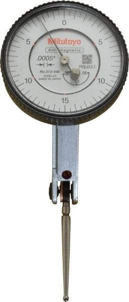 Mitutoyo - 0.06 Inch Range, 0.0005 Inch Dial Graduation, Horizontal Dial Test Indicator - 1.5748 Inch White Dial, 0-15-0 Dial Reading, Accurate to 0.0005 Inch - Benchmark Tooling