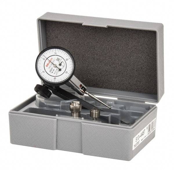 Mitutoyo - 9 Piece, 0" to 0.06" Measuring Range, 40mm Dial Diam, 0-15-0 Dial Reading, White Dial Test Indicator Kit - 0.0005" Accuracy, 1.33" Contact Point Length, 0.039, 0.079 & 0.118" Ball Diam, 0.0005" Dial Graduation - Benchmark Tooling